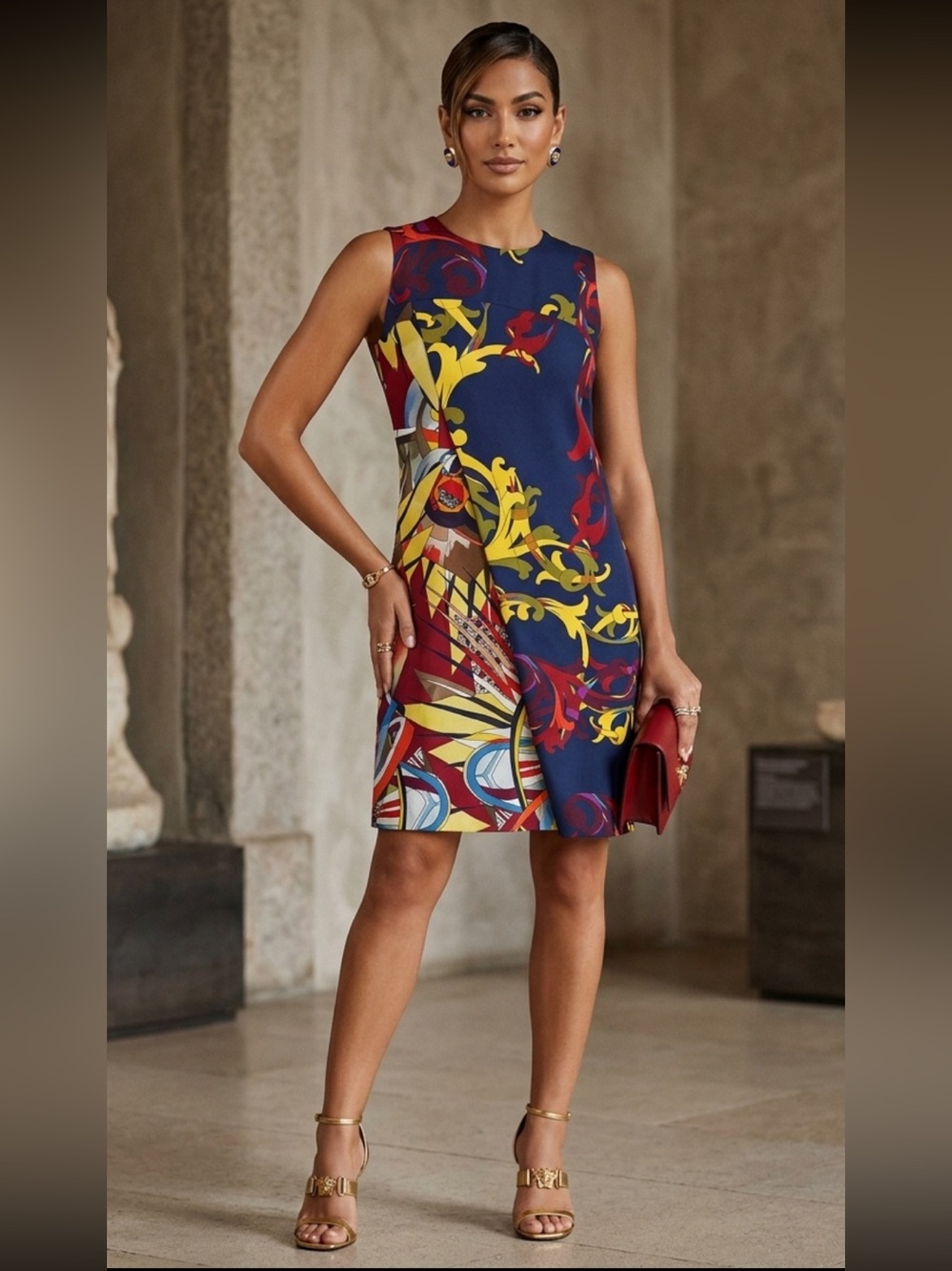 Versace Navy, Yellow & Red Baroque Print Sleeveless Vest Size 6